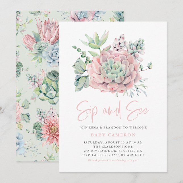 Invitation Aquarelle Pastel Succulents Sip été et voir (Devant / Derrière)