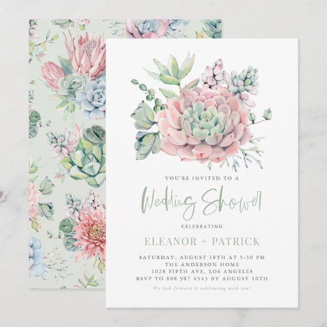 Invitation Aquarelle Pastel Succulents Wedding shower d'été (Devant / Derrière)