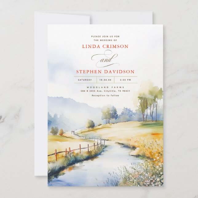 Invitation Aquarelle Paysage rural Mariage campagnard rustiqu (Devant)