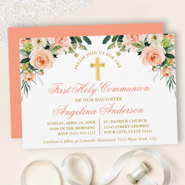 Invitation Aquarelle Peach Blanc Floral Première Communion Or (Customize to change text color, size, style or to change color of back of card.)