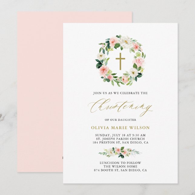 Invitation Aquarelle Peach Flowers Floral Wreath Christening (Devant / Derrière)