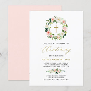 Invitation Aquarelle Peach Flowers Floral Wreath Christening
