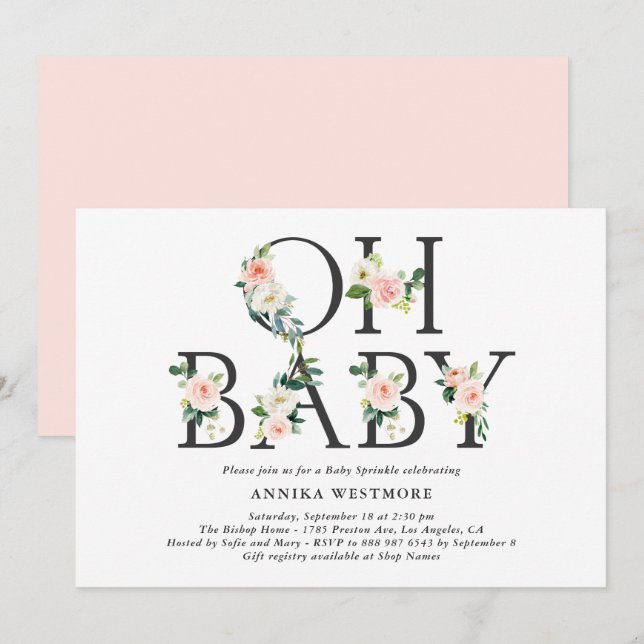 Invitation Aquarelle Peach Flowers Oh Bébé ! Saupoudrer bébé (Devant / Derrière)