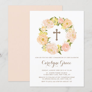 Invitation Aquarelle Peach Peony Wreath Première sainte commu