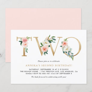 Invitation Aquarelle Peach Pink Flowers Gold Deuxième anniver