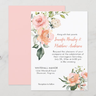 Invitation Aquarelle Peach rose et blanc Roses Mariage
