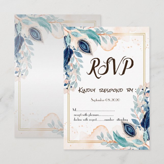 Invitation Aquarelle Peacock Feather Floral RSVP (Devant / Derrière)