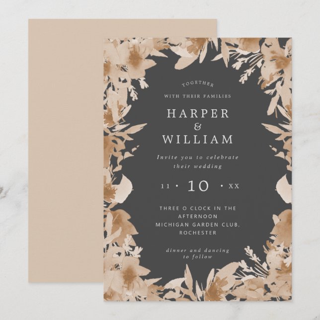 Invitation Aquarelle pêche/ beige gris boho mariage floral i (Devant / Derrière)
