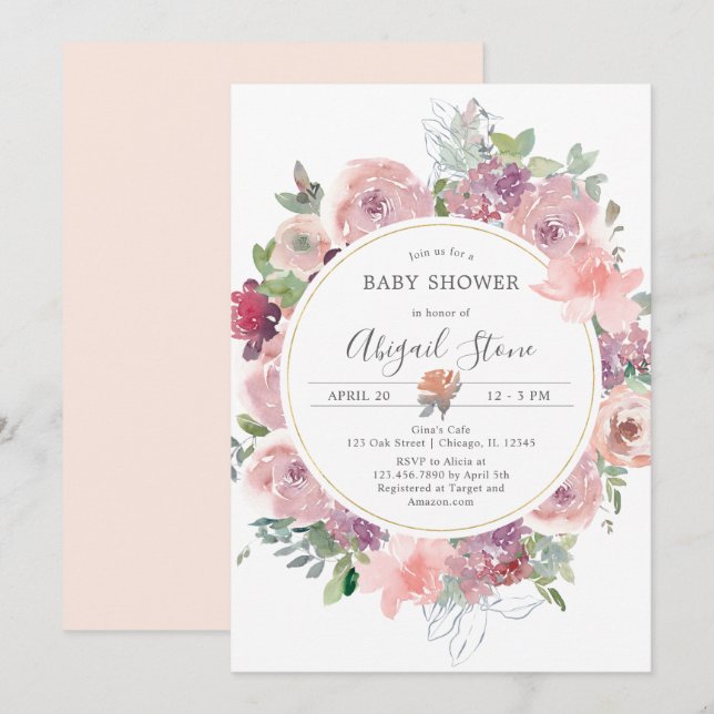 Invitation Aquarelle pêche cadre floral baby shower (Devant / Derrière)