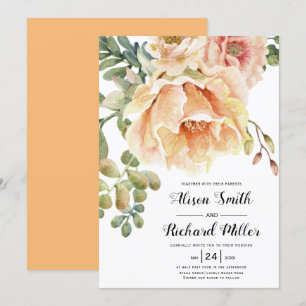 Invitation Aquarelle pêche corail fleurs typographie mariage