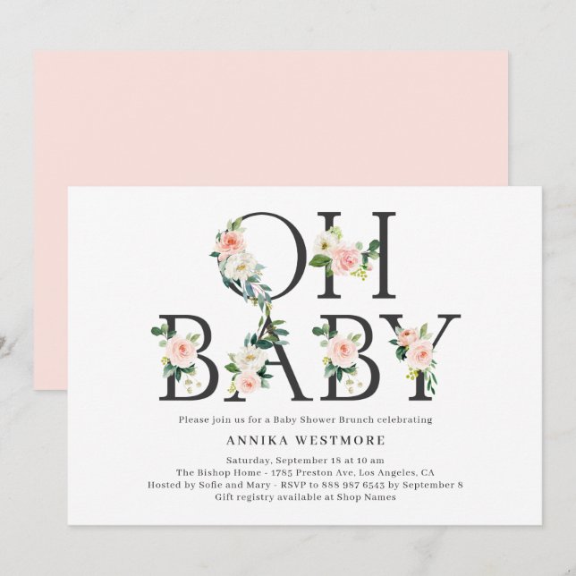 Invitation Aquarelle Pêche Florale Lettres Baby shower Brunch (Devant / Derrière)