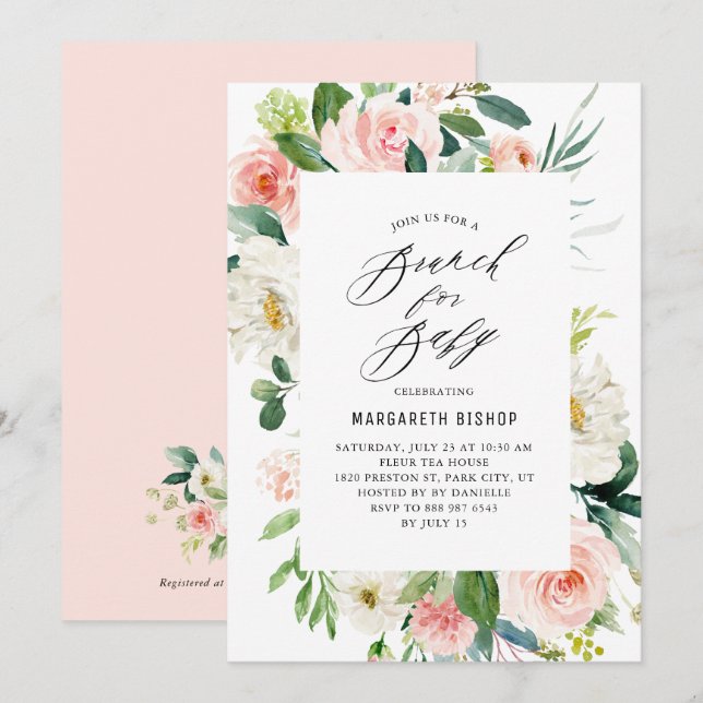 Invitation Aquarelle Pêche Florales Baby shower Brunch (Devant / Derrière)