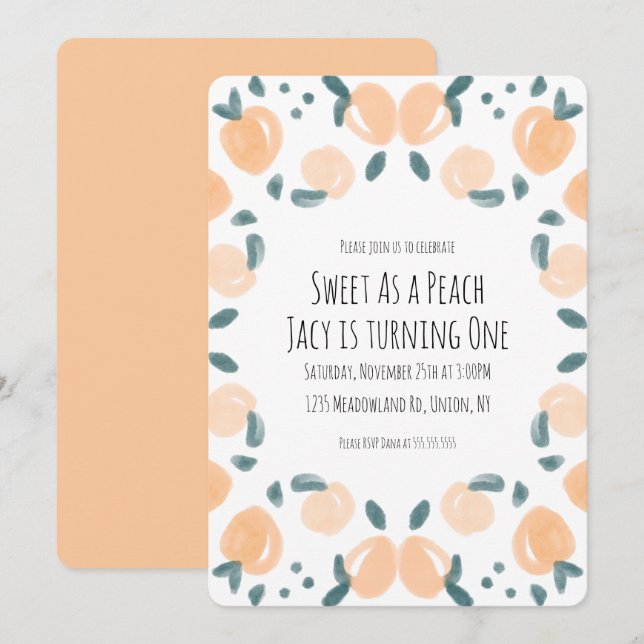 Invitation Aquarelle Pêche Fruit Anniversaire Fête Frontale A (Devant / Derrière)
