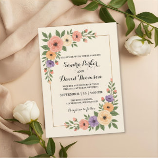 Invitation aquarelle pêche rose lavande romantique mariage