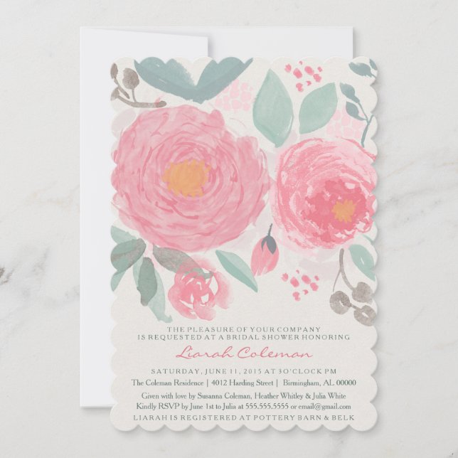 Invitation Aquarelle peinte à la main nuptiale ou baby shower (Devant)