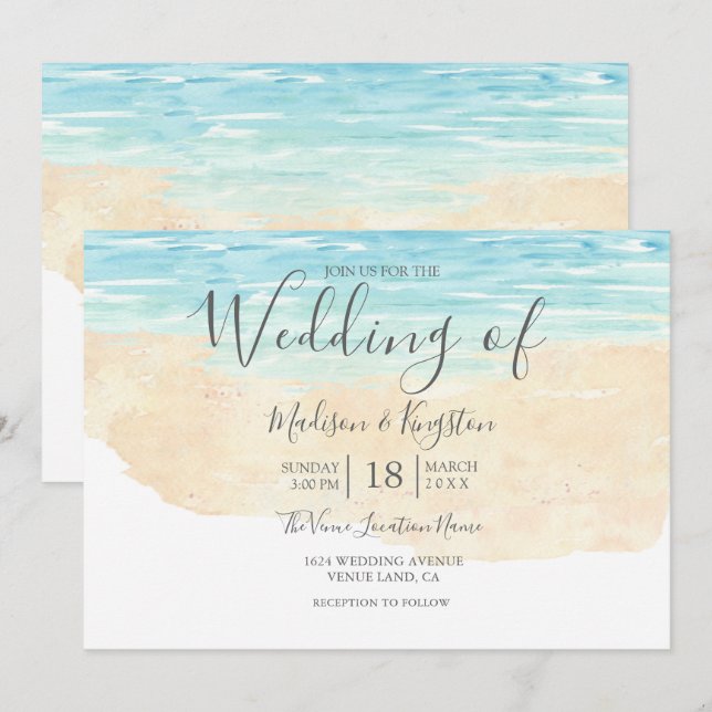 Invitation Aquarelle Peinte à la main Plage mariage invitatio (Devant / Derrière)