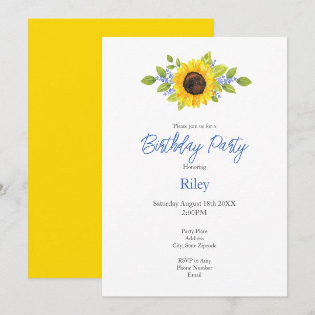 Invitation Aquarelle peinte à la main Swag de tournesol (Devant / Derrière)