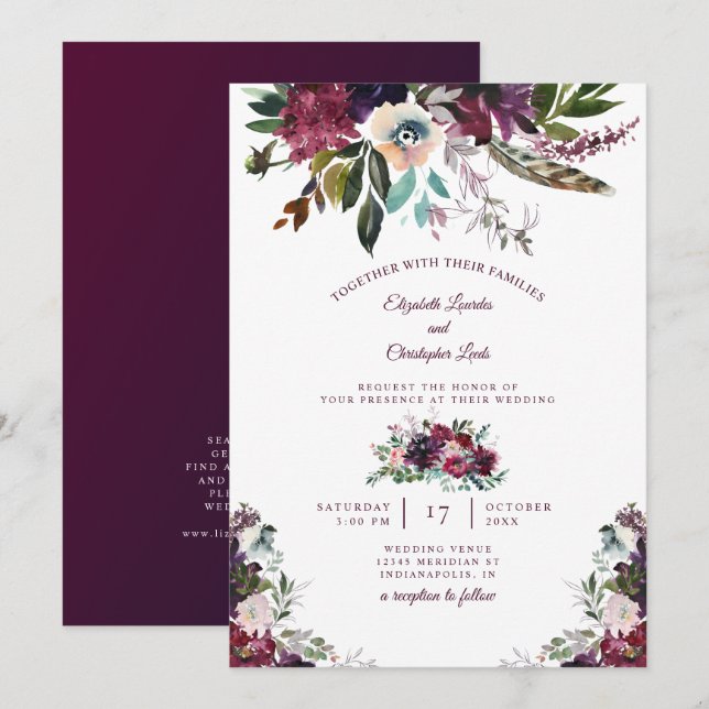 Invitation Aquarelle peinte Bourgogne Mariage floral (Devant / Derrière)
