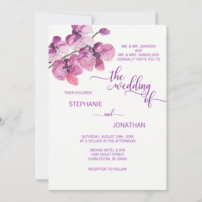 Invitation Aquarelle peinte violet orchidées florales Mariage (Devant)