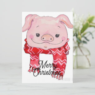 Invitation Aquarelle peinture de cochon rose avec foulard rou