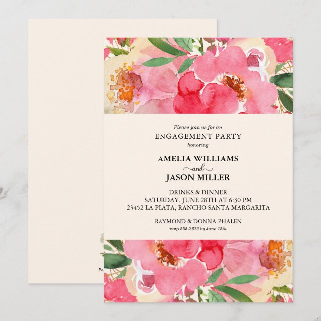 Invitation Aquarelle Peonies Floral (Devant / Derrière)