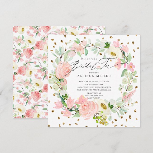 Invitation Aquarelle Peonies Floral Wreath Bridal Tea Douche (Devant / Derrière)