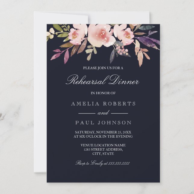 Invitation Aquarelle Peonies Mariage de la Marine Dîner de ré (Devant)