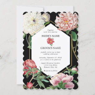 Invitation Aquarelle Peonies rose Fleurs Mariage Noir