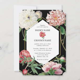Invitation Aquarelle Peonies rose Fleurs Mariage Noir
