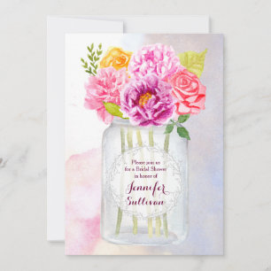 Invitation Aquarelle Peonies Rose Rustic Mason Jar Mariage