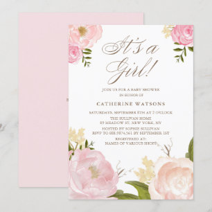 Invitation Aquarelle Peonies roses C'est un Baby shower de fi