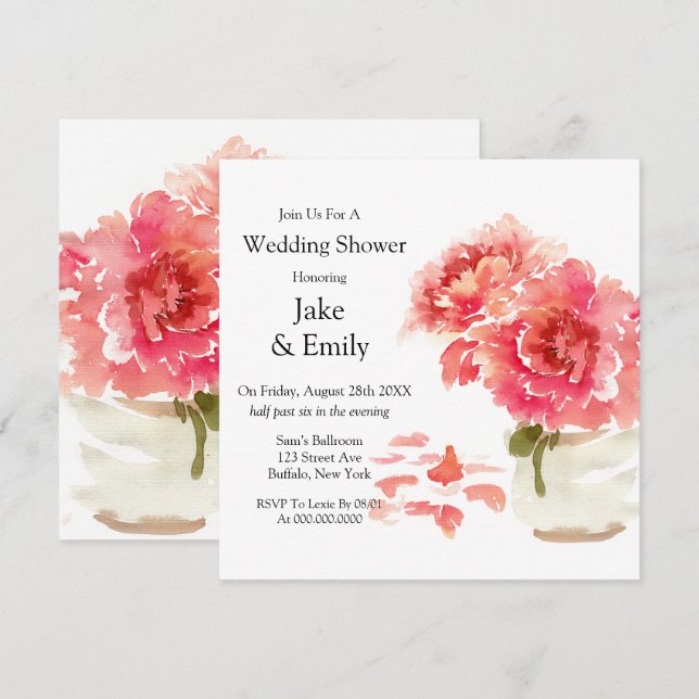 Invitation Aquarelle Peonies roses Mason Jar Wedding shower (Devant / Derrière)