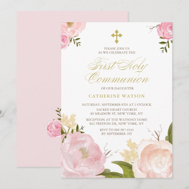 Invitation Aquarelle Peonies roses Première Communion sainte  (Devant / Derrière)