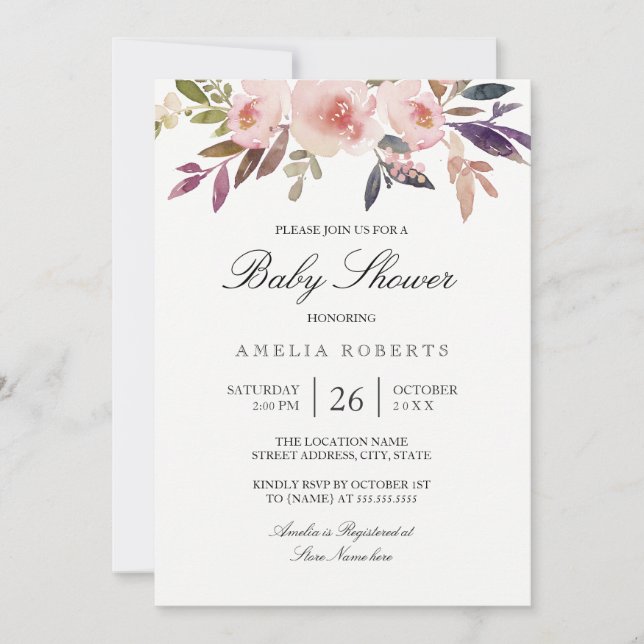 Invitation Aquarelle Peonies violet Baby shower rose (Devant)