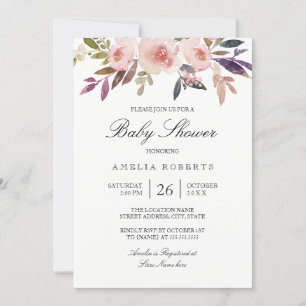 Invitation Aquarelle Peonies violet Baby shower rose