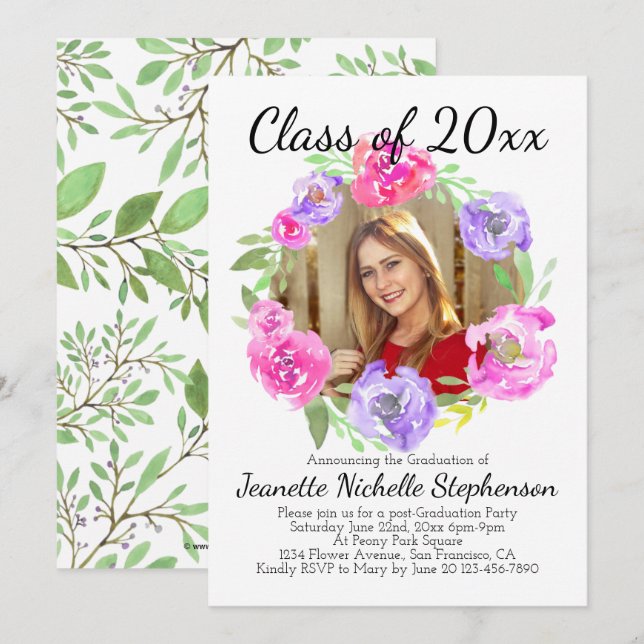 Invitation Aquarelle Peony Classy Floral Photo Graduation (Devant / Derrière)