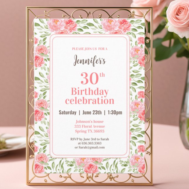 Invitation Aquarelle Peony Floral Peach 30e anniversaire (Watercolor Peony Floral Pink Peach 30th Birthday Invitation)