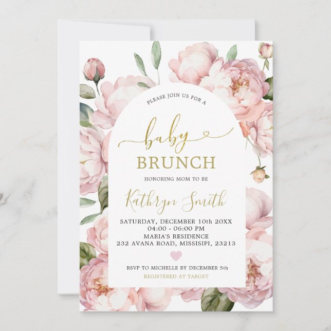 Invitation Aquarelle Peony rose Arc Floral Bébé Brunch (Devant)