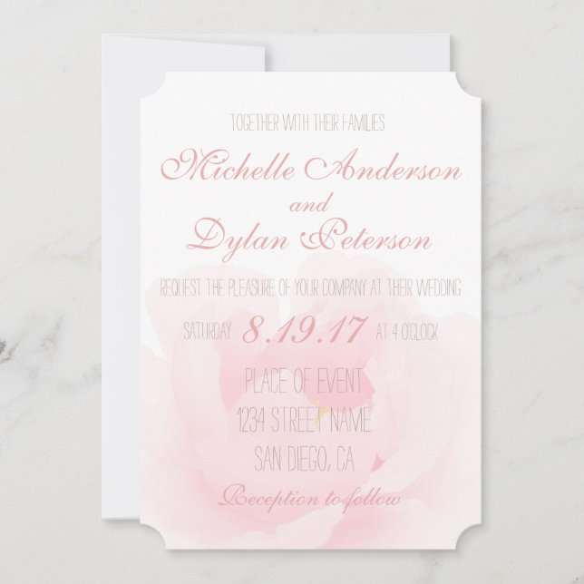 Invitation Aquarelle Peony rose clair Mariage élégant (Devant)