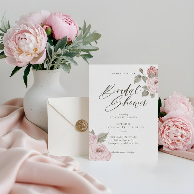 Invitation Aquarelle Peony rose Fête des mariées de fleurs fl (Watercolor Pink Peony Floral Blossom Bridal Shower Invitation)
