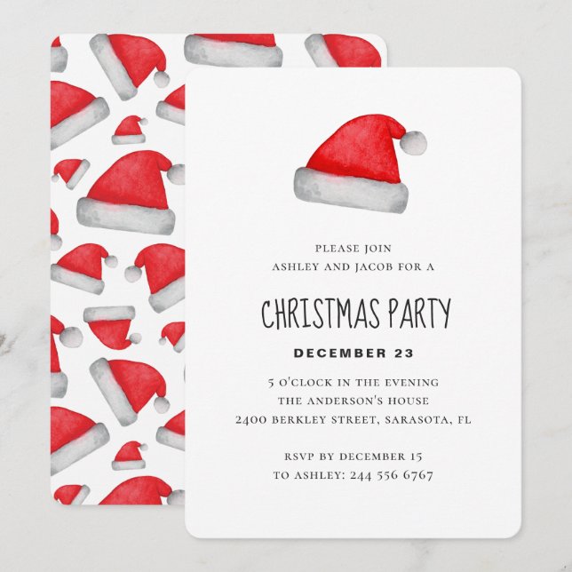 Invitation Aquarelle Père Noël. Fête de Noël d'entreprise (Devant / Derrière)