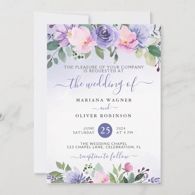 Invitation Aquarelle périphérique et rose Mariage floral (Devant)