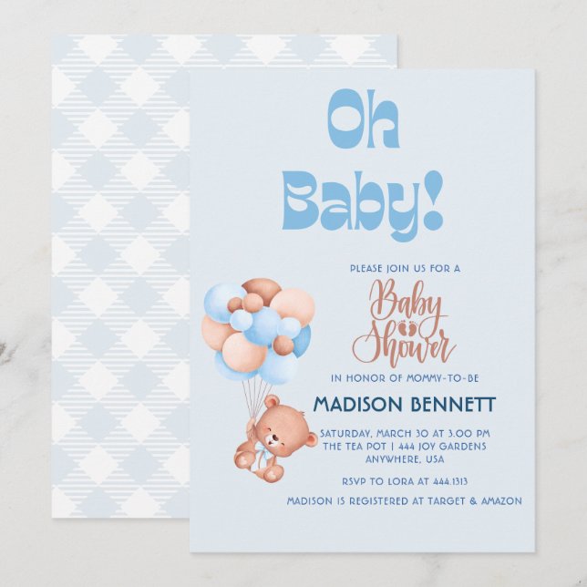 Invitation Aquarelle personnalisée Cute Teddy Bear Boy Douche (Devant / Derrière)
