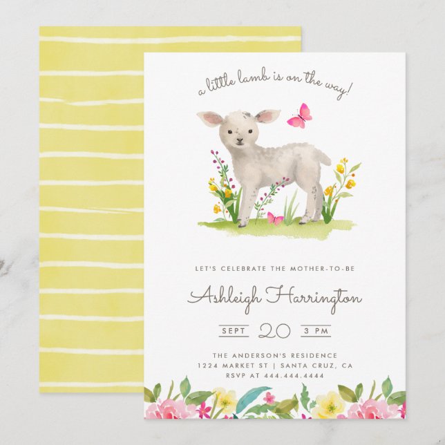 Invitation Aquarelle Petit agneau Ressort Baby shower (Devant / Derrière)
