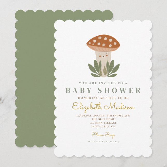 Invitation Aquarelle Petit Baby shower de champignon Invitati (Devant / Derrière)