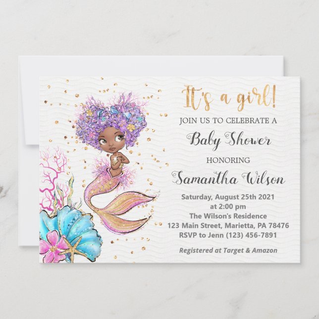 Invitation Aquarelle Petit Baby shower de sirène (Devant)