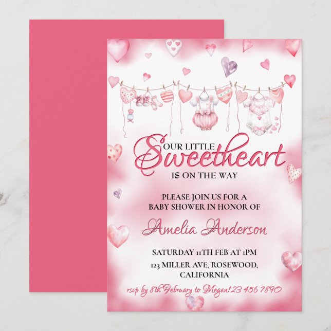 Invitation Aquarelle Petit Baby shower Saint-Valentin (Devant / Derrière)