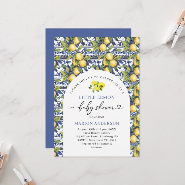 Invitation Aquarelle Petit Citron Baby shower (Devant/Arrière en situation)