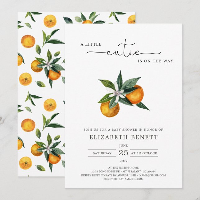 Invitation Aquarelle Petit Cutie Citrus Baby shower orange (Devant / Derrière)