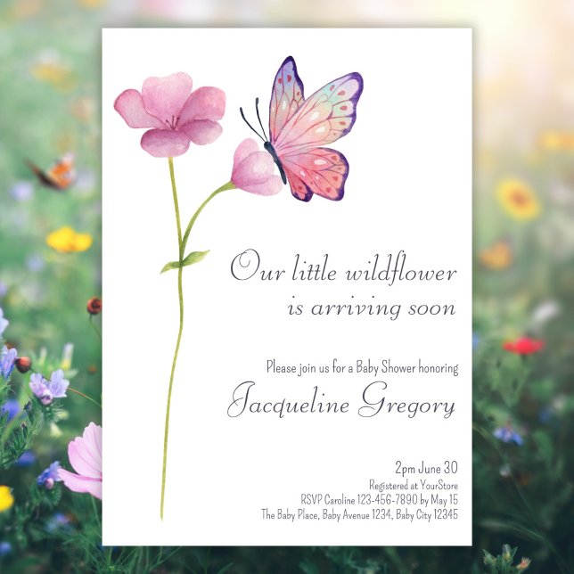 Invitation Aquarelle Petit Fleur sauvage Baby shower papillon (Créateur téléchargé)